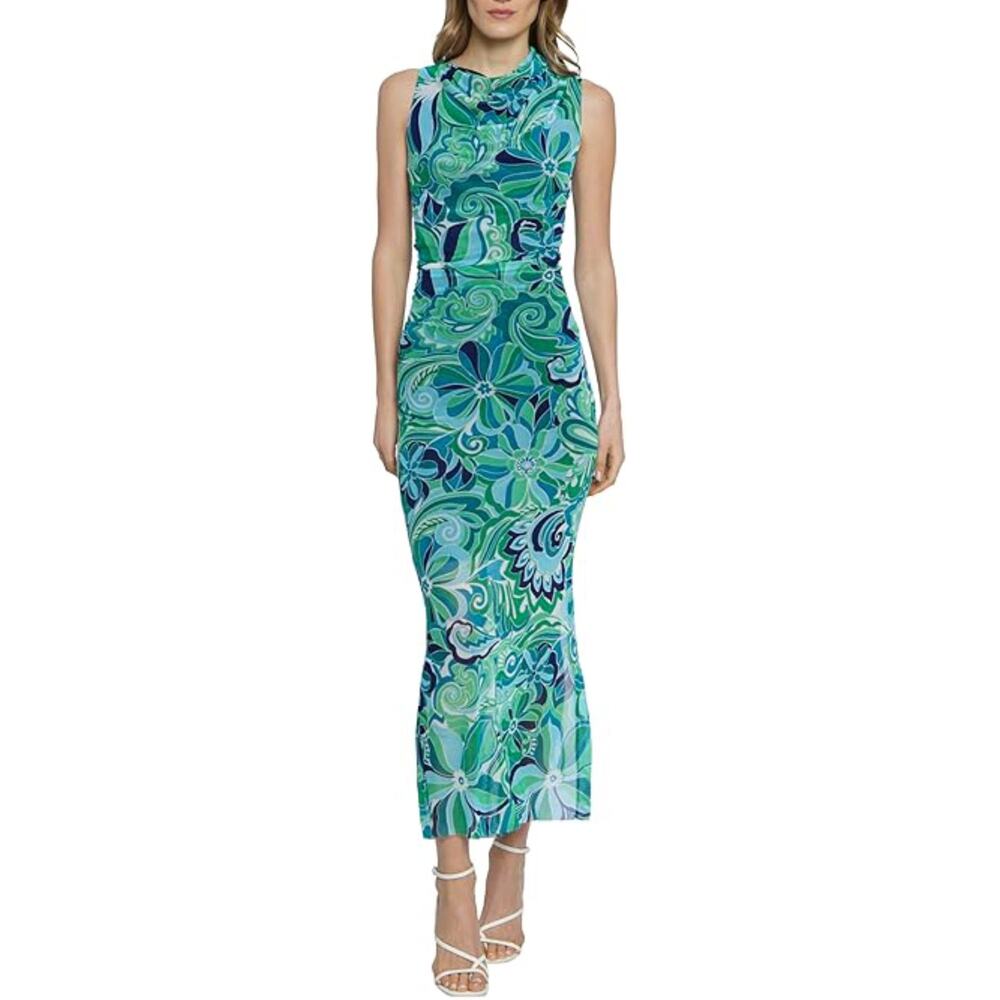 NWT DONNA MORGAN Women's Mesh Overlay Asymmetric Mock Neck Side Slit Maxi Dress